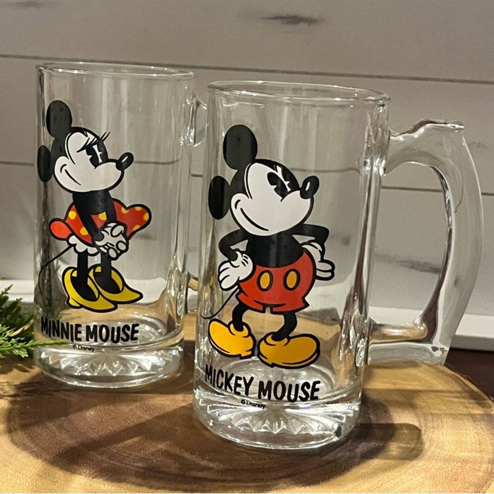 ✨ Vintage Mid Century Disney Mickey & Minnie Mouse Heavy Glass Beer Mugs Stein ✨